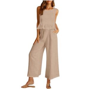 Automet Beige Linen Blend Wide Leg Pant Suit Two Piece Set Size Small